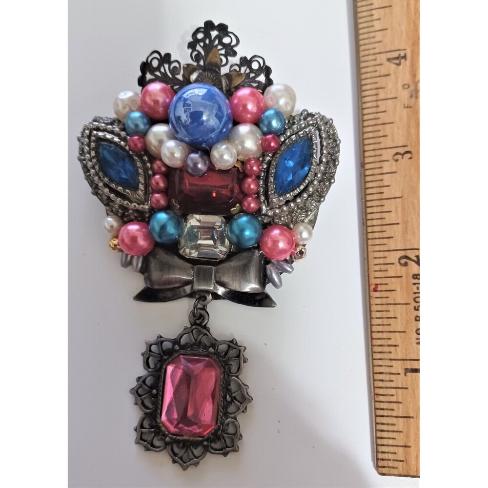 Vintage Handmade Rhinestone Metal Faux Pearls Statement Brooch Pin Dangly Piece